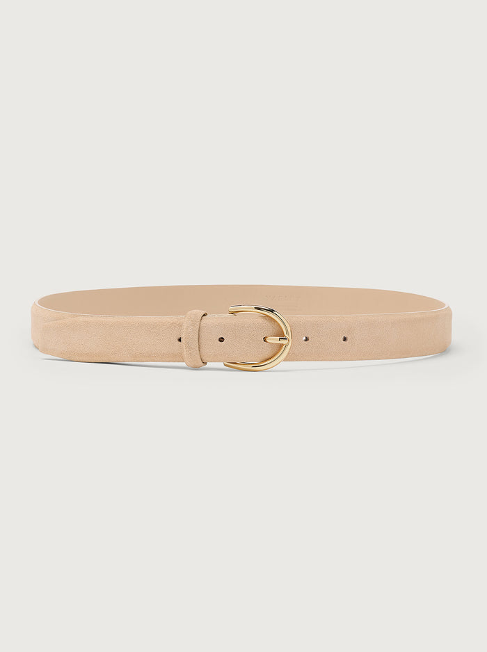 Latte|Lenai Suede Belt in Latte, padded suede with a stainless steel Varley buckle plated in 14k gold; Made in Portugal, available in three lengths.