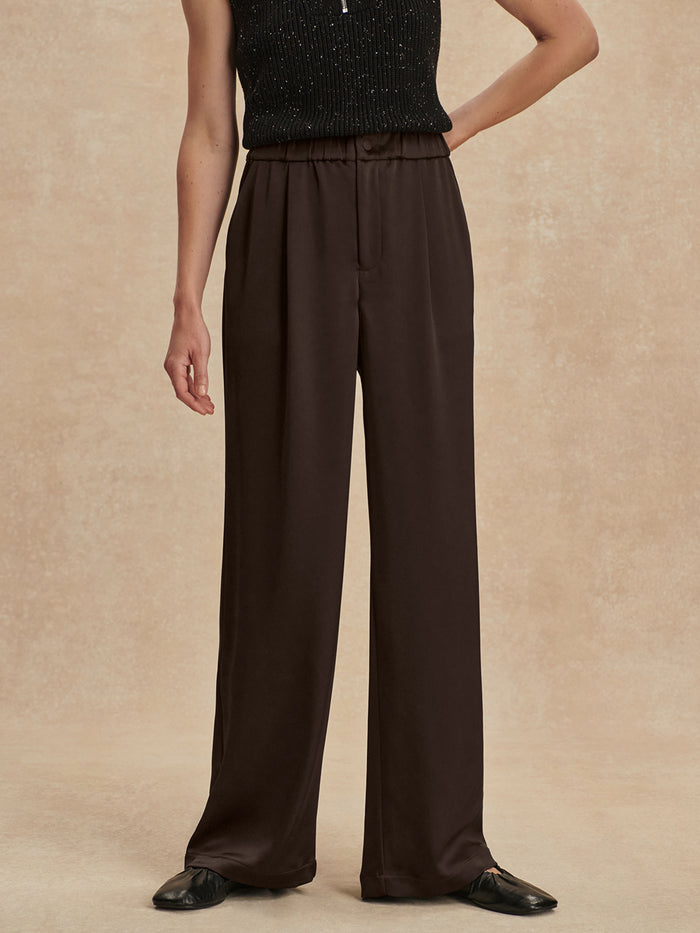 Arabica|Bryden Wide Leg Pant in Arabica, front-view full-length with relaxed, wide-leg silhouette.