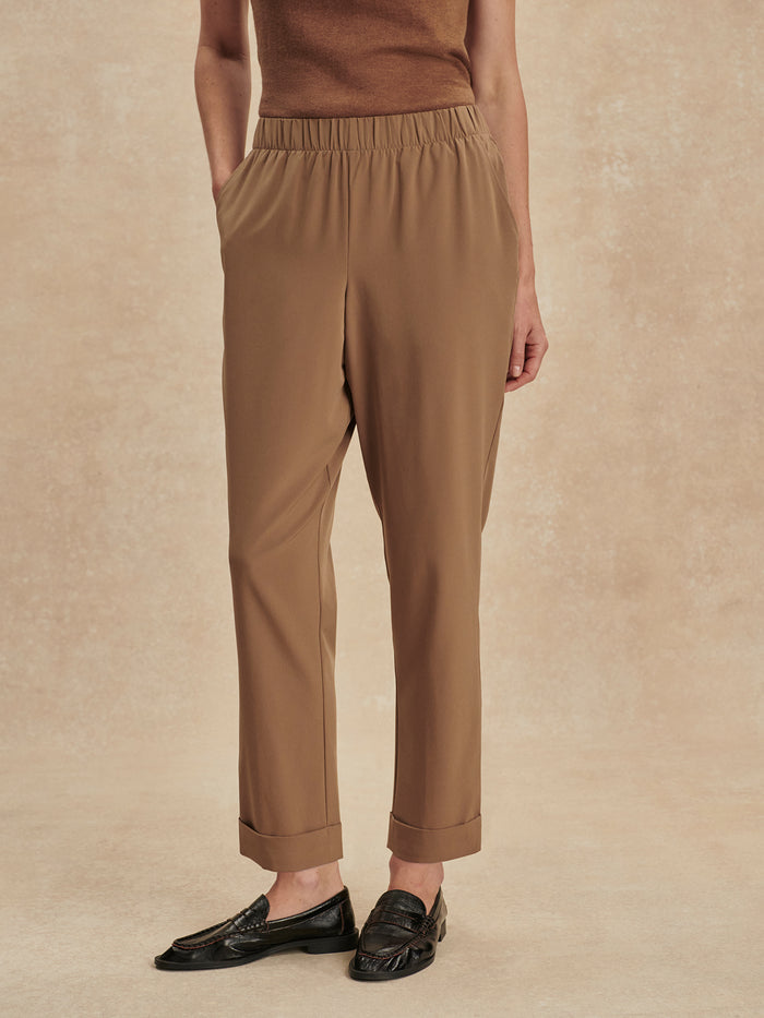 Taupe Stone|Alana 2.0 Tapered Leg Pant 27 in taupe stone with elasticated waistband and turn-up cuffs, Soft Stretch Woven fabric for lightweight all-day comfort.