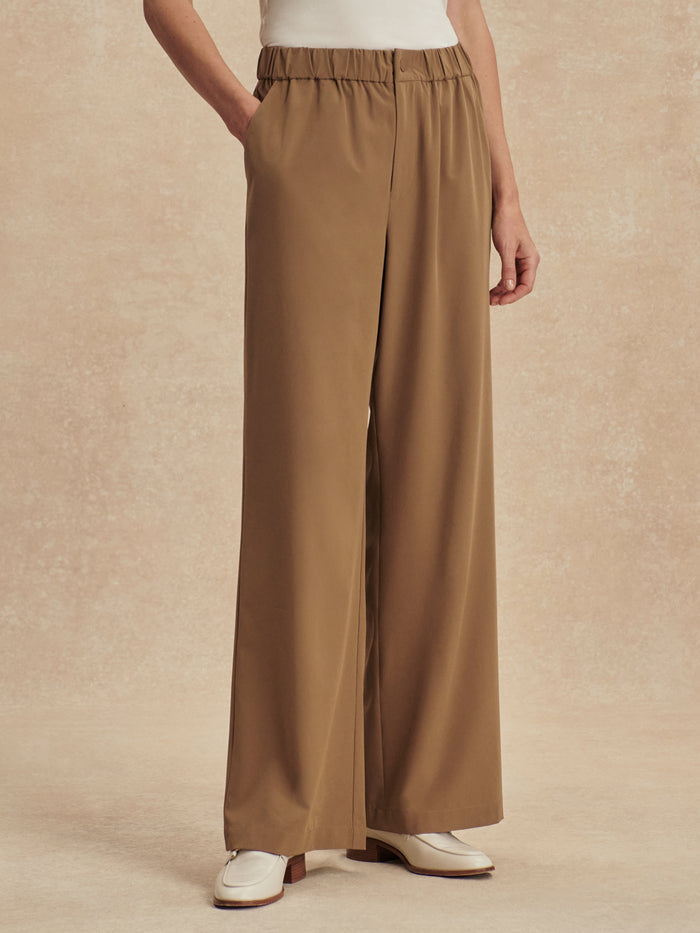 Taupe Stone|Kayson Wide Leg Pant 29.5 in taupe stone, front view with wide legs and central front pleat, lightweight fabric, snap and zip fastening.