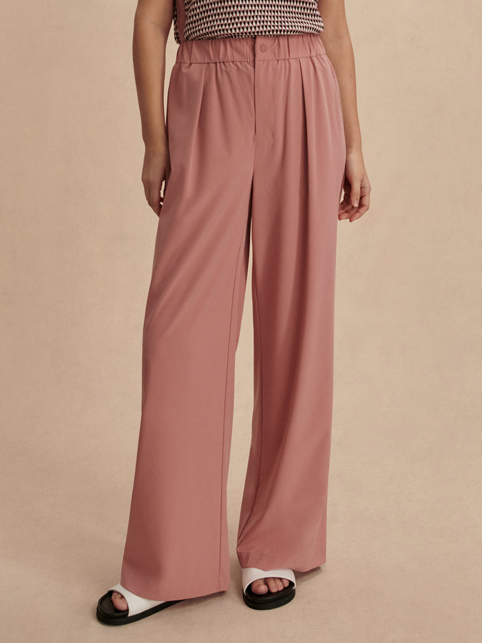 Ash Rose|Kayson Wide Leg Pant in Ash Rose, size 29.5, front view showing relaxed wide legs and clean waistband.