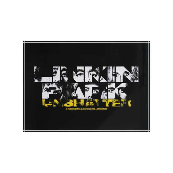 Horizontal 7 by 5 inch acrylic photo block featuring the vibrant yellow and black Linkin Park Unshatter artwork on the front