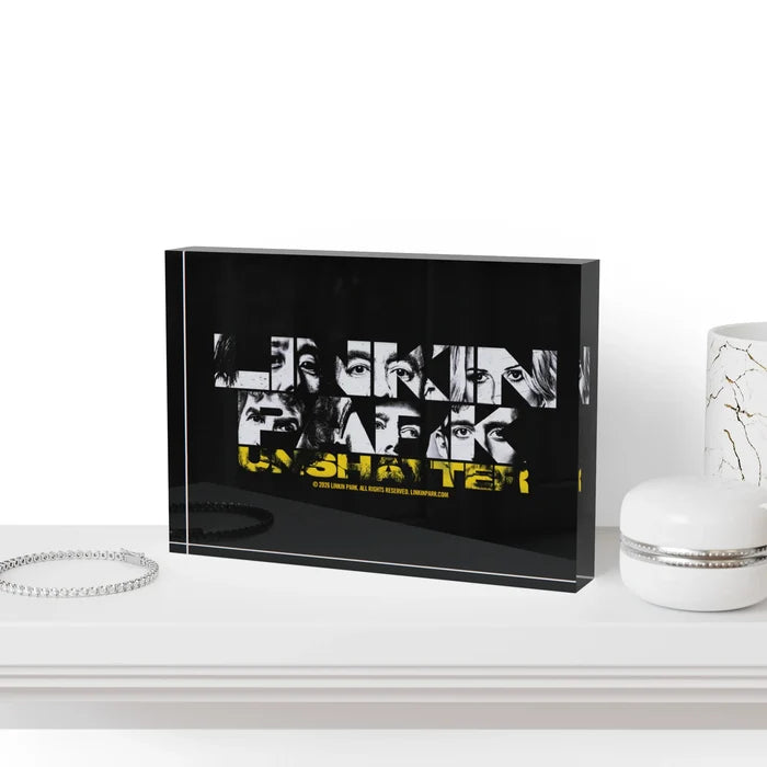 Front-facing close-up of the Linkin Park photo block showing the glossy acrylic finish and sharp graphic details