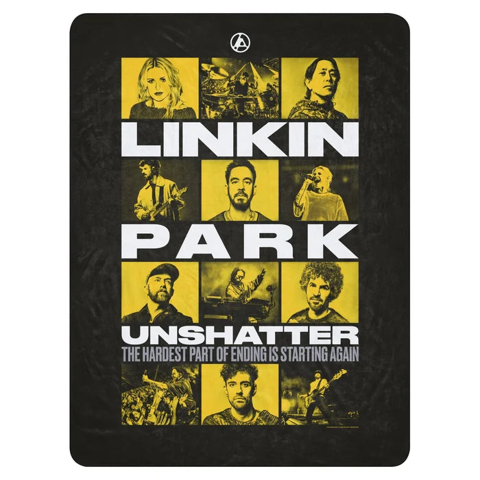 Linkin Park UNSHATTER sherpa blanket laid flat showing yellow and black movie poster artwork