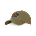 Olive green baseball cap with a dark front patch featuring orange 'FIRST LITE KETCHUM ID.' text and logo.