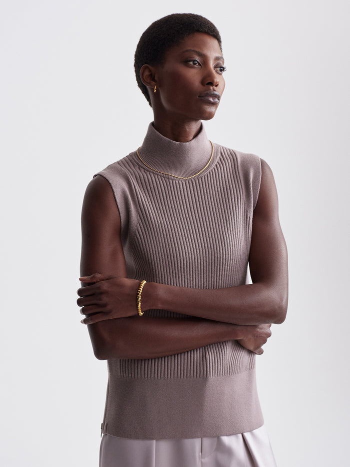 Cinder|Lois High Neck Tank in Cinder, front view with high neckline and side seam zips, crafted in Soft Rib Knit with ribbed panels for easy layering.