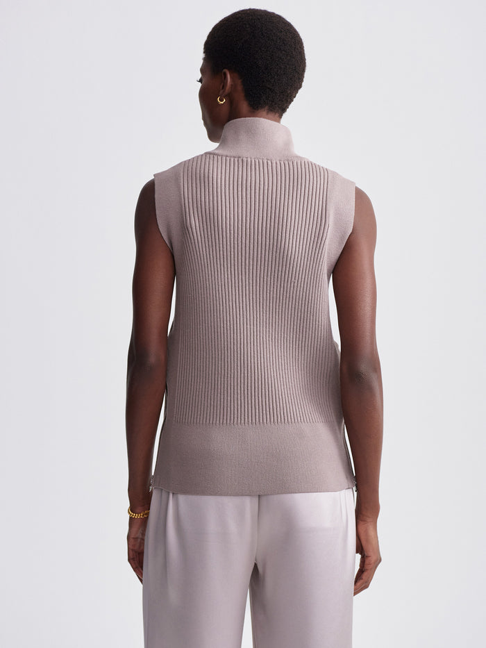 Cinder|Front-facing shot of the Lois High Neck Tank in Cinder color, a sleeveless high-neck top with a streamlined, fitted silhouette.