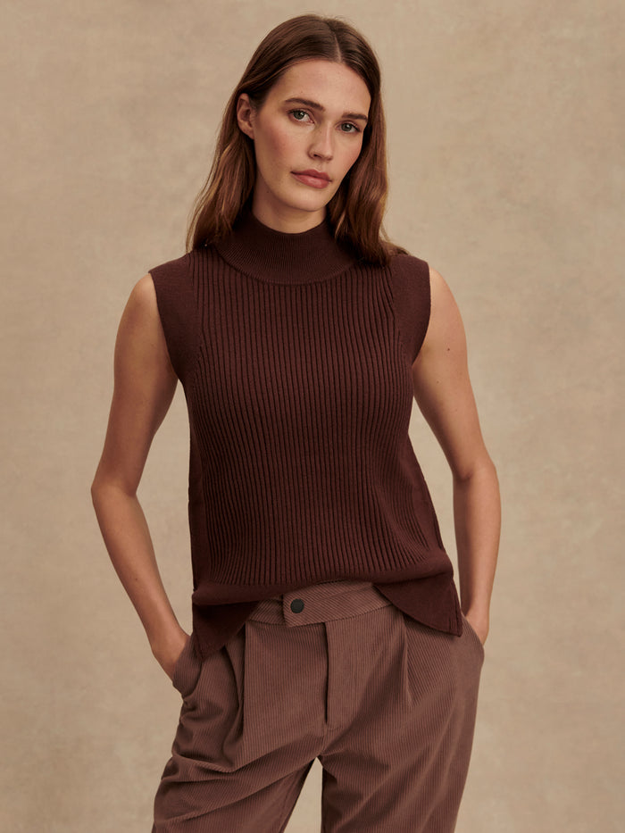 Deep Mahogany|Front view of the Lois High Neck Tank in Deep Mahogany, a sleeveless top with a high neckline.