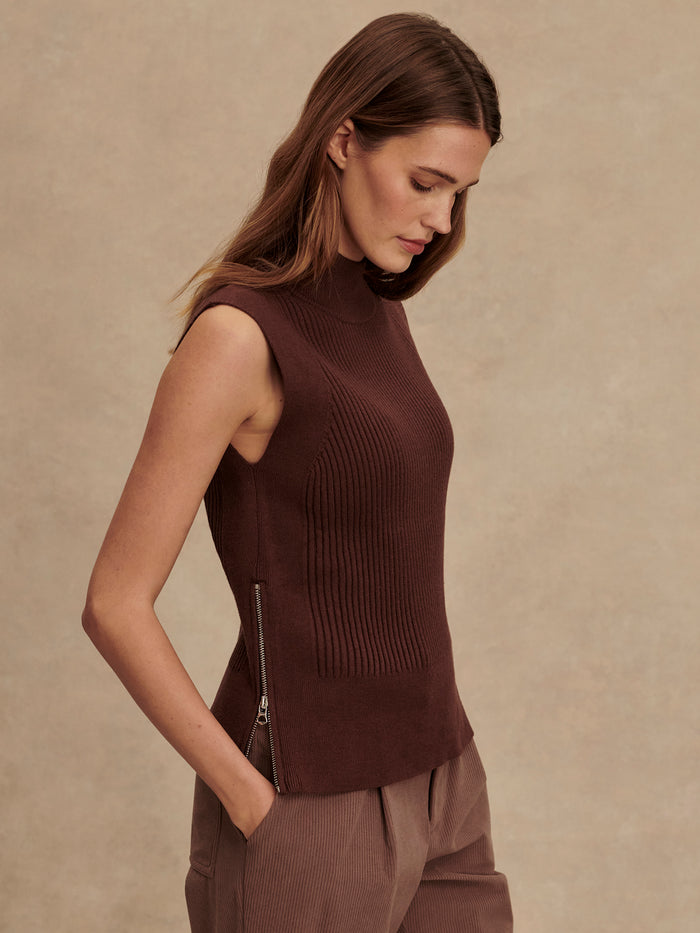 Deep Mahogany|Lois High Neck Tank in Deep Mahogany, front view of a sleeveless top with a high neckline.