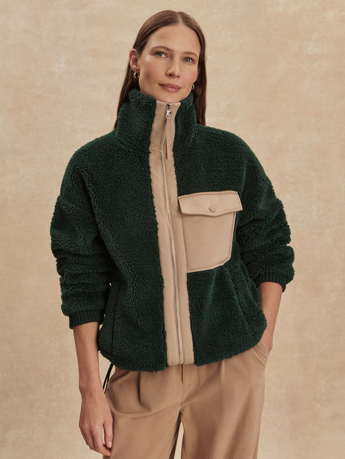 Pine Grove|Lowell Sherpa Jacket in Pine Grove, plush sherpa exterior with full-zip front and stand-up collar.