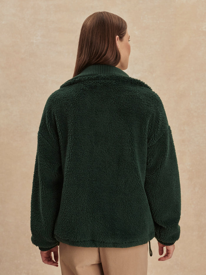 Pine Grove|Front view of Lowell Sherpa Jacket Pine Grove in sherpa fleece, full-zip with stand collar and side pockets.