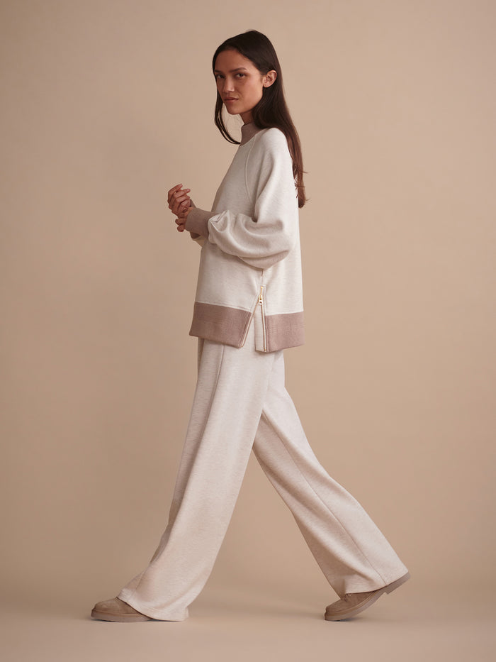 Ivory Marl/ Taupe Marl|LOXLEY Raglan Boyfriend Sweat in Ivory Marl with Taupe Marl sleeves, front view of a relaxed-fit sweatshirt.
