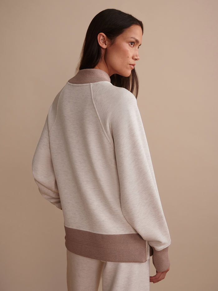 Ivory Marl/ Taupe Marl|Loxley Raglan Boyfriend Sweat in Ivory Marl with Taupe Marl marled fabric, front view showing relaxed fit and raglan sleeves.