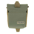Sage green utility pouch with tan webbing, a flap closure, FHF GEAR label on the front, and top and bottom attachment loops.