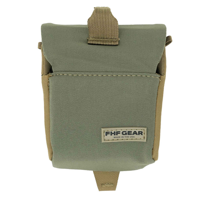 Sage green utility pouch with tan webbing, a flap closure, FHF GEAR label on the front, and top and bottom attachment loops.