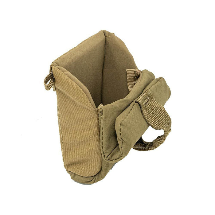 Tan padded fabric pouch with an open top and a side webbing loop.