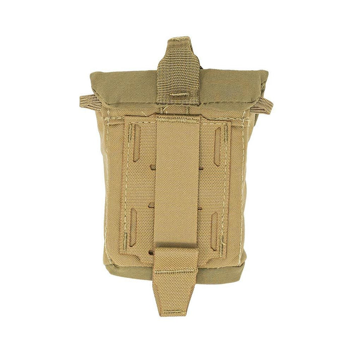 Coyote brown tactical utility pouch with top flap and laser-cut MOLLE webbing on the back.