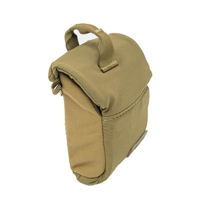 Coyote tan utility pouch with a top flap closure and a small carrying handle.