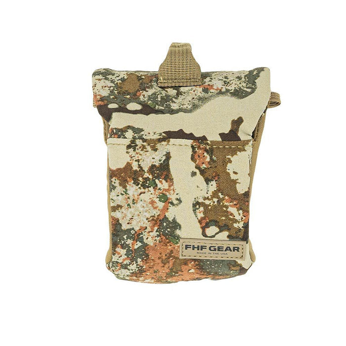 A rectangular FHF GEAR utility pouch in a tan, brown, and green camouflage pattern with an open top and a tan carry loop.