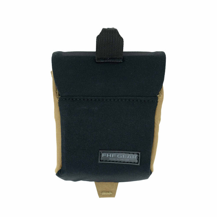 Black and tan FHF Gear pouch with a flap top, top hanging loop, and brand patch.