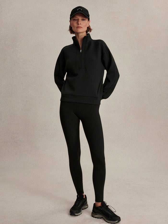 Black|Marissa Half Zip Midlayer in Black, front view with stand-up collar and black half-zip, midweight fleece for layering.