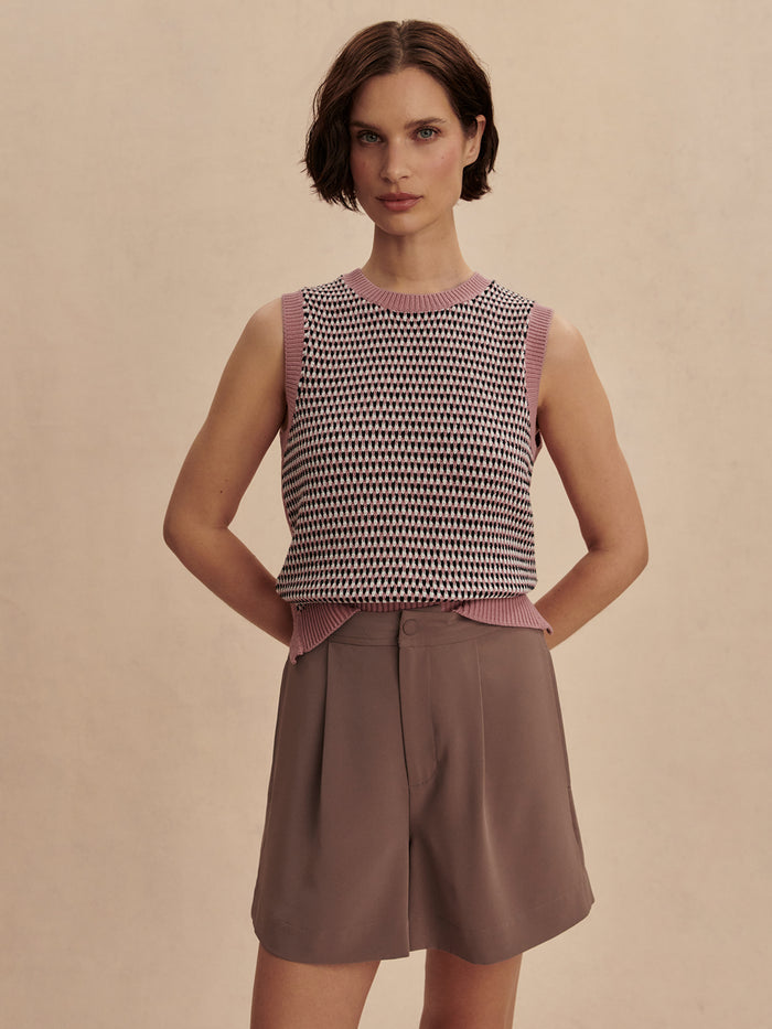 Deep Taupe|Front view of the Mariya Easy Pleat Short in Deep Taupe, a lightweight pleated short with clean waistband and tailored silhouette.