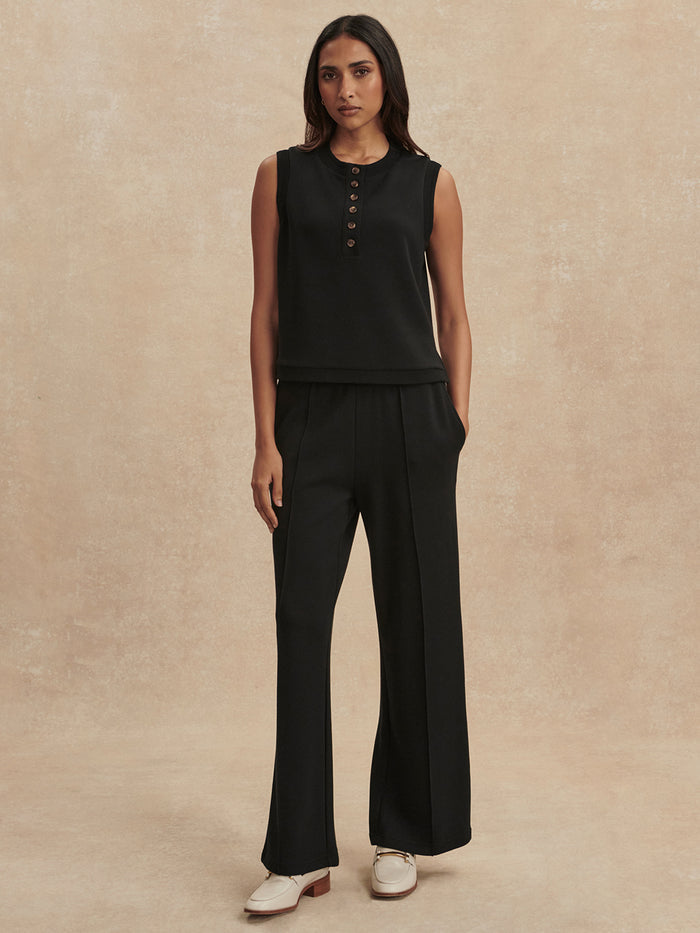 Black|Front view of the Marla Button Placket Tank in Black, a sleeveless top with a front button placket.