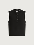 Black|Front view of the Marla Button Placket Tank in Black, a sleeveless top with a front-button placket detail.