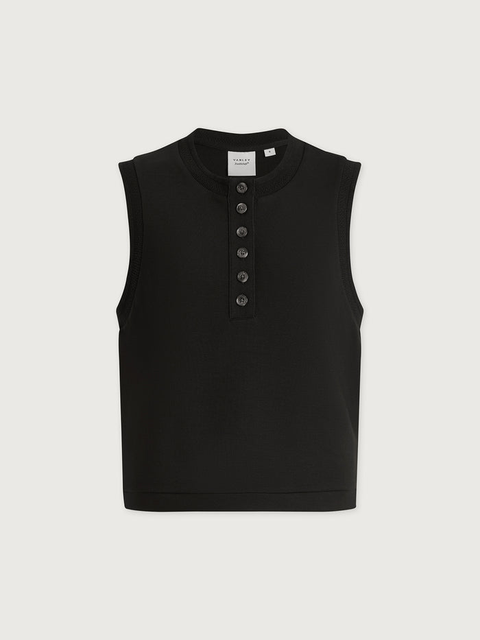 Black|Front view of the Marla Button Placket Tank in Black, a sleeveless top with a front-button placket detail.