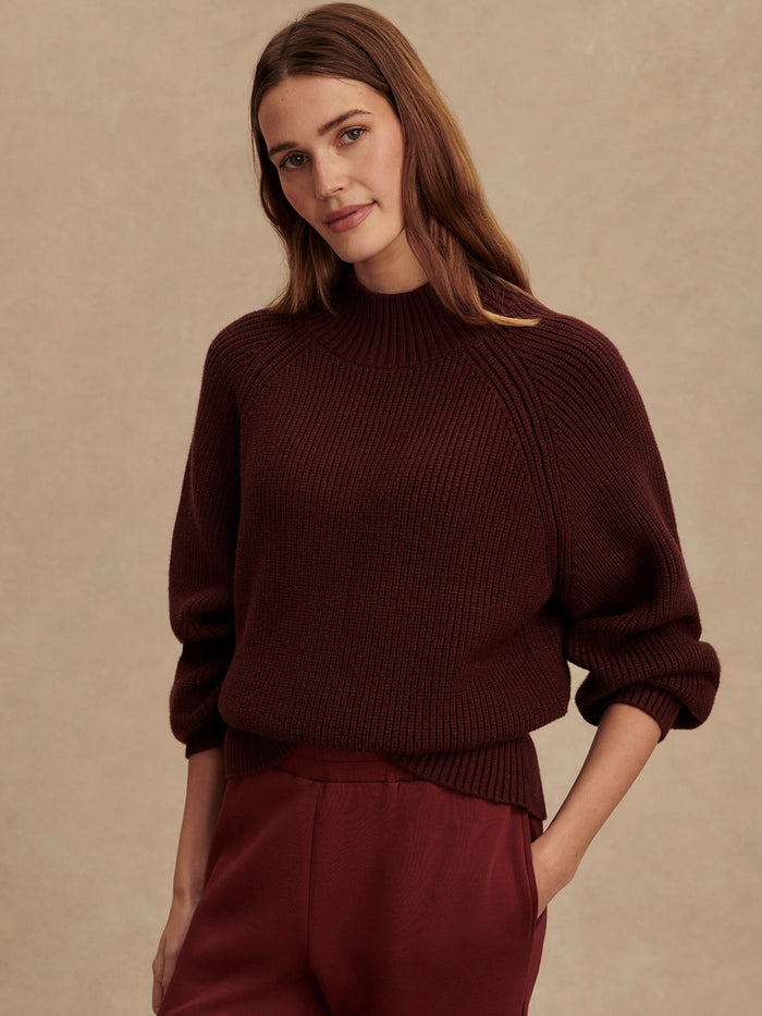 Decadent Chocolate|Front-facing Martina High Neck Rib Knit in Decadent Chocolate, a chocolate brown rib-knit sweater with a high neck.