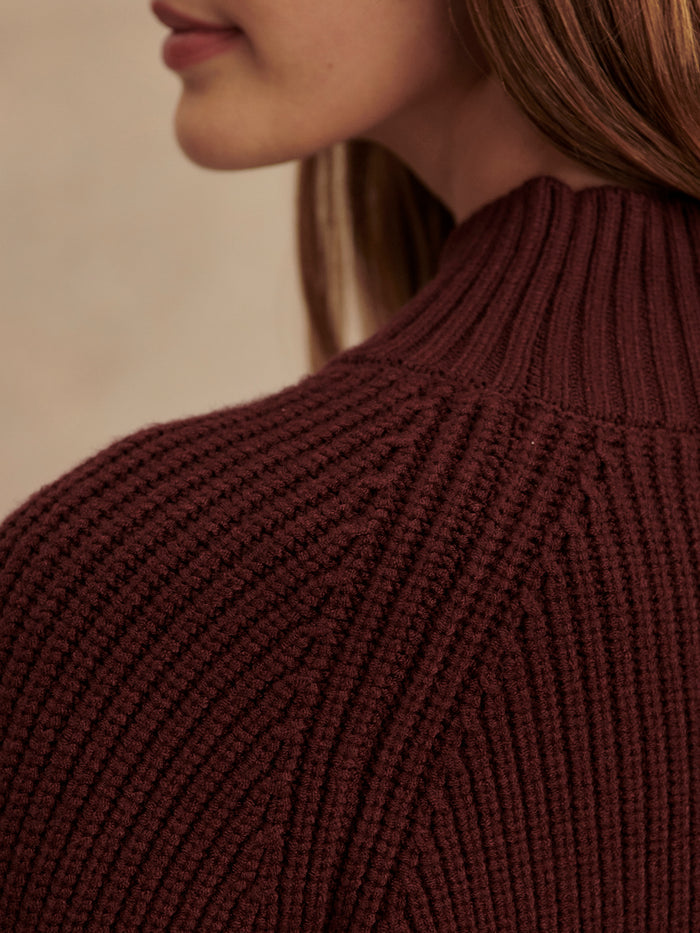 Decadent Chocolate|Martina High Neck Rib Knit in Decadent Chocolate, front view of a chocolate-brown ribbed knit sweater with long sleeves and a high neck.