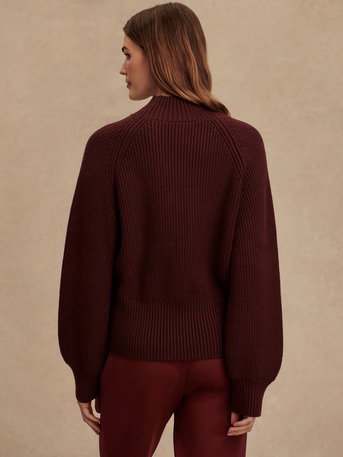 Decadent Chocolate|Martina High Neck Rib Knit in Decadent Chocolate, front view of a chocolate-brown rib-knit sweater with a high neckline.