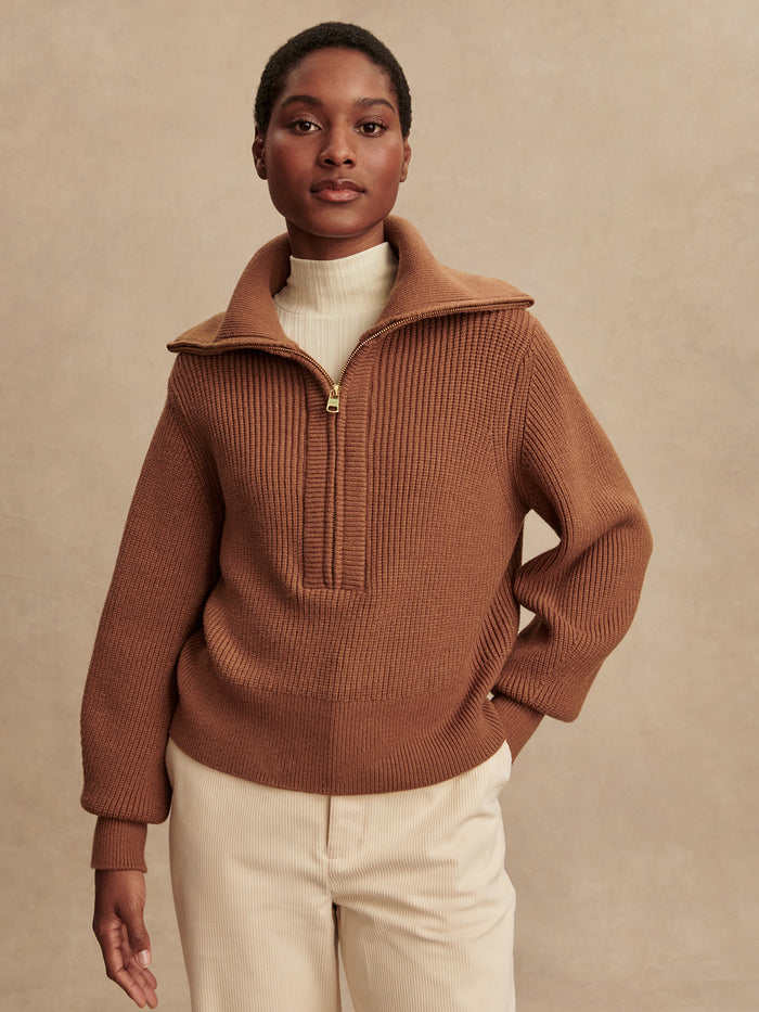 Caramel Pecan|Front-facing Maura Half Zip Rib Knit in Caramel Pecan, a warm rib-knit sweater with a half-zip, long sleeves, and a soft knit finish.