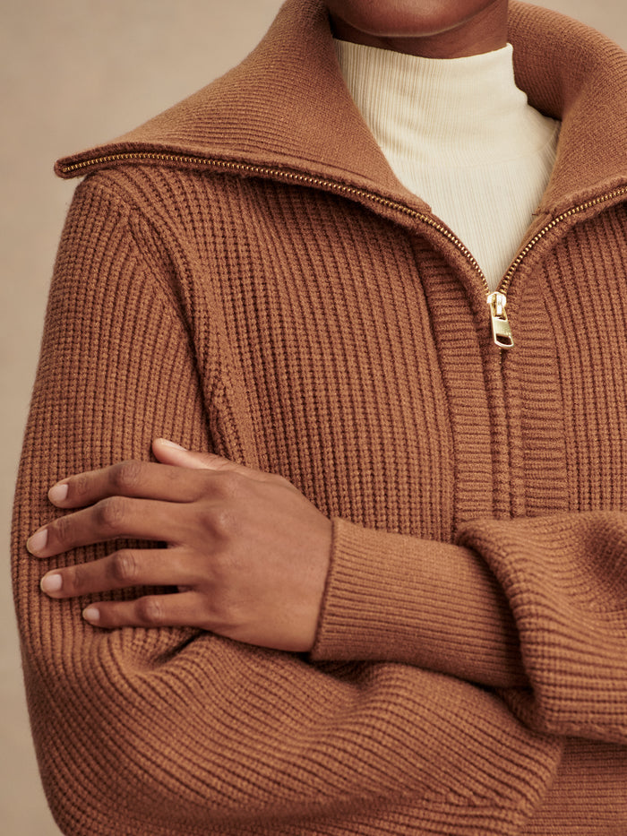 Caramel Pecan|Maura Half Zip Rib Knit in Caramel Pecan, front view of a long-sleeve knit with a half-zip collar.