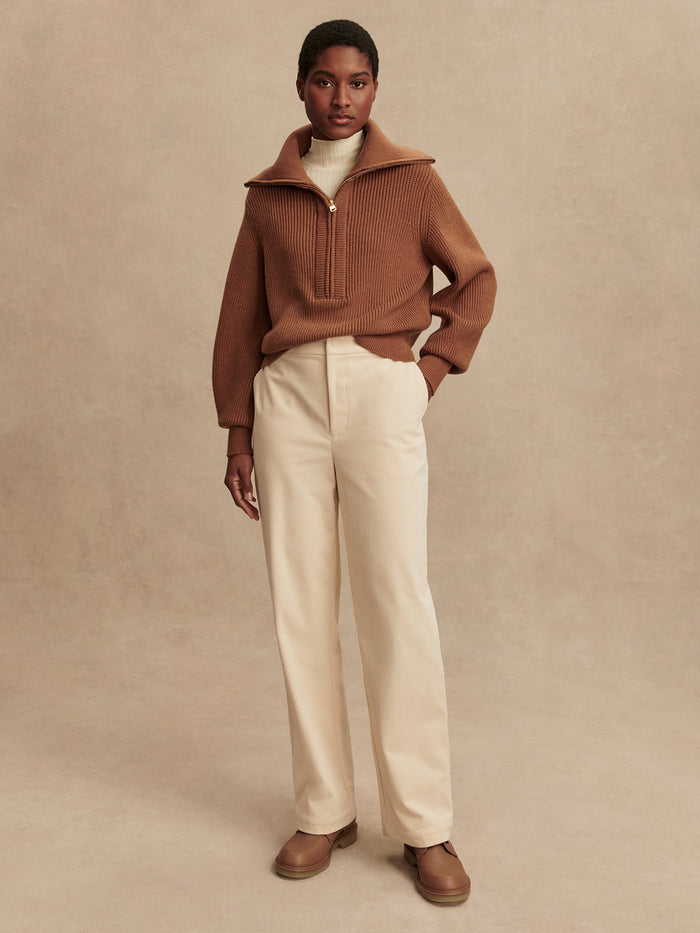 Caramel Pecan|Maura Half-Zip Rib Knit Caramel Pecan, product shot highlighting rib texture and half-zip collar.