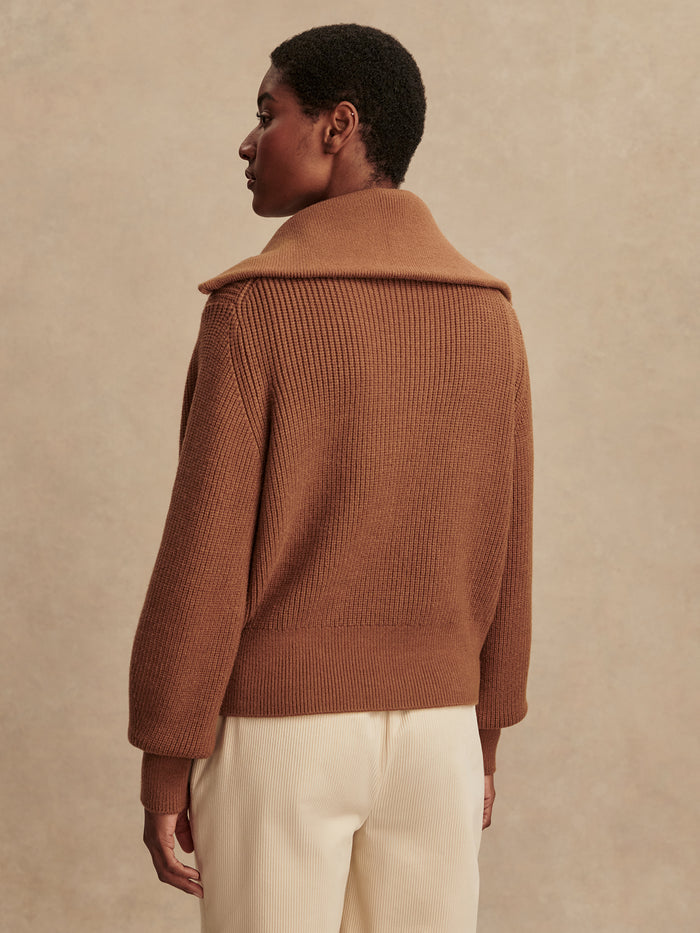 Caramel Pecan|Maura Half Zip Rib Knit Caramel Pecan, front view showing a high neck and half-zip in a textured rib knit.
