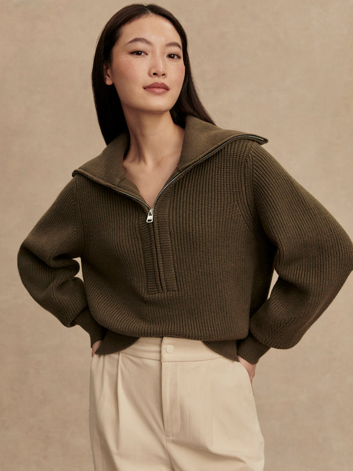 Olive Night|Maura Half Zip Rib Knit Olive Night - front view of a rib-knit top featuring a half-zip neckline in dark olive.