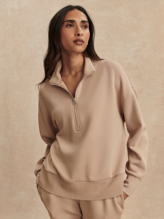 Light Taupe|Product shot: Mavis Mock Neck Sweat in Light Taupe, relaxed DoubleSoft® fabric with half-zip and drop-shoulder silhouette.