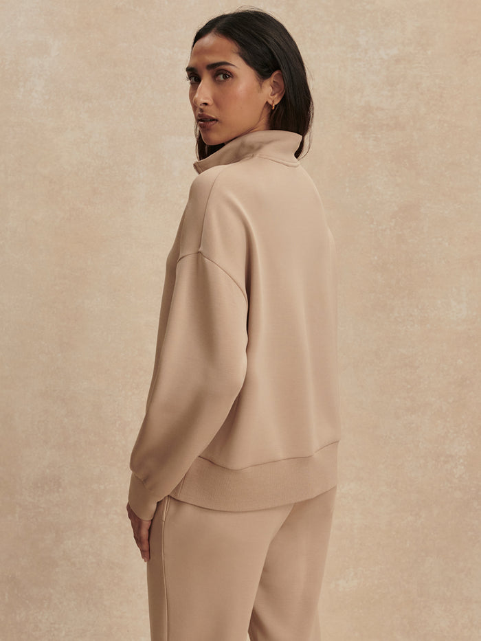 Light Taupe|Mavis Mock Neck Sweat in Light Taupe, front view showing the soft fabric and classic mock neck.