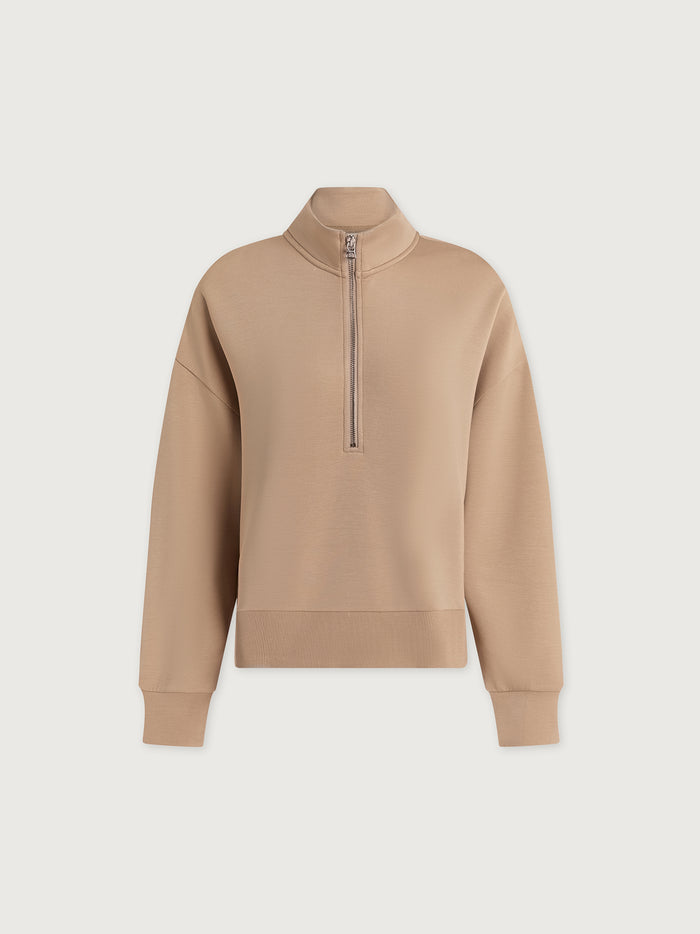 Light Taupe|Front-facing view of the Mavis Mock Neck Sweat in Light Taupe, featuring a mock neck and relaxed-fit silhouette.