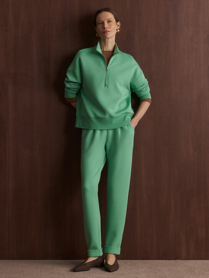 Green Spruce|Mavis Mock Neck Sweat in Green Spruce, front view showing a mock neck, long sleeves and relaxed fit.