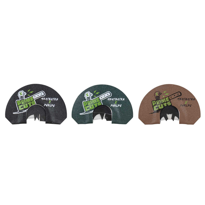 Set of three semi-circular turkey mouth calls in black, dark green, and brown, each with a 'Prime Cuts' turkey and cleaver logo.