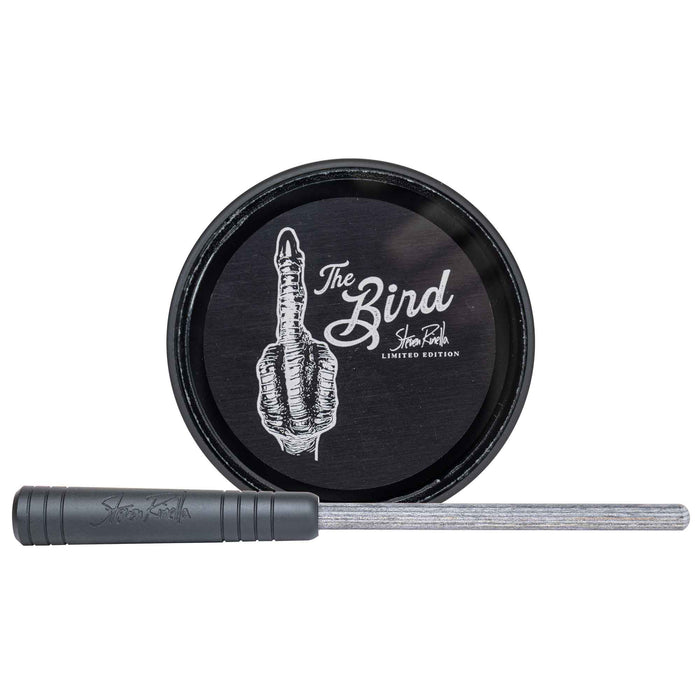 Black sharpening kit with a round puck showing a white "middle finger" graphic and "The Bird Steven Rinella Limited Edition" text, alongside a black-handled sharpening rod.