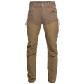 A pair of color-blocked technical pants in khaki and tan, shown flat against a solid white background.