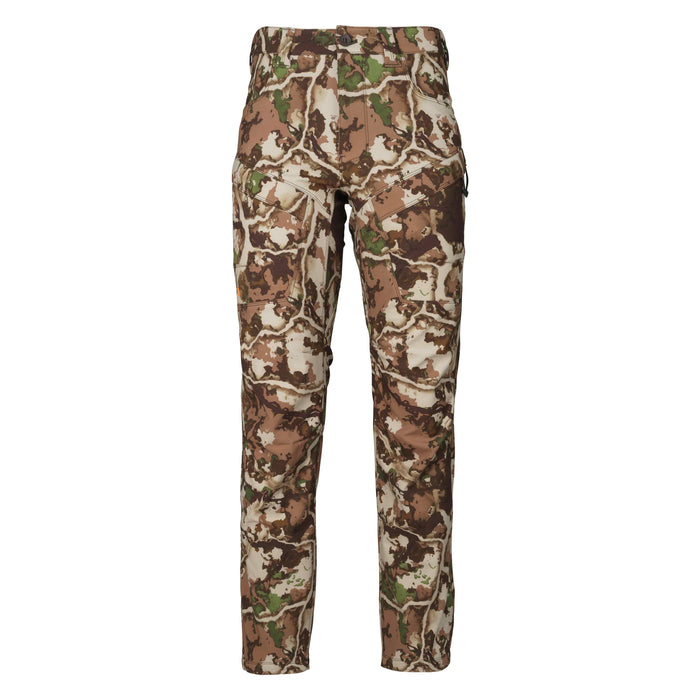 Hunting pants in brown, green, and tan camouflage, featuring a button fly, belt loops, and zippered thigh pockets.