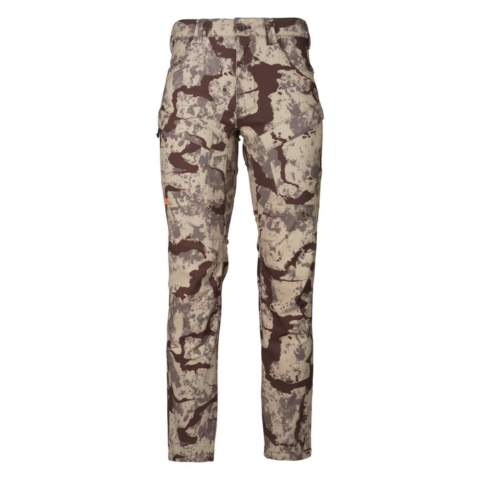 Camouflage hunting pants in a tan and brown pattern, featuring a button closure, front pockets, and an orange-zippered cargo pocket.