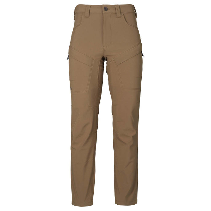 Tan tactical pants with zippered thigh pockets and reinforced knee panels.