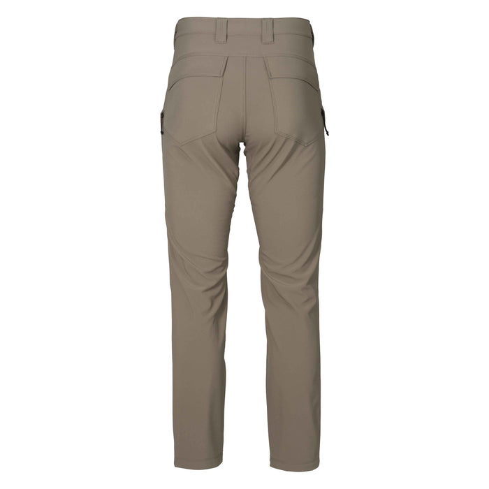 Taupe pants, back view, with belt loops, two flap back pockets, and two zippered side pockets.