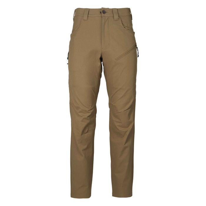 Tan pants with button closure, front pockets, and an angled zippered thigh pocket.
