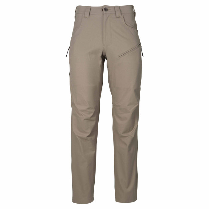 Khaki pants with a button closure, front pockets, and a zippered thigh pocket.